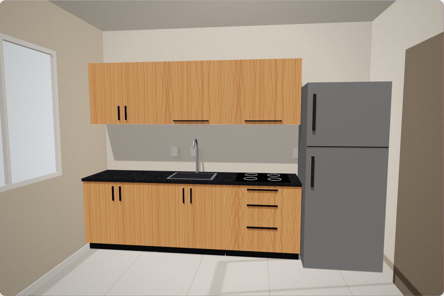 Uma parede com a cozinha montada em 3D por cima